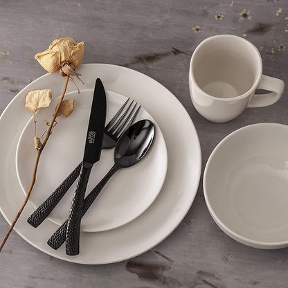 Gibson Home Oslo 8-Piece Dinner Plate Set – Porcelain, Chip & Scratch Resistant, White with Black Rim – Modern Round Plates for Everyday Use & Entertaining