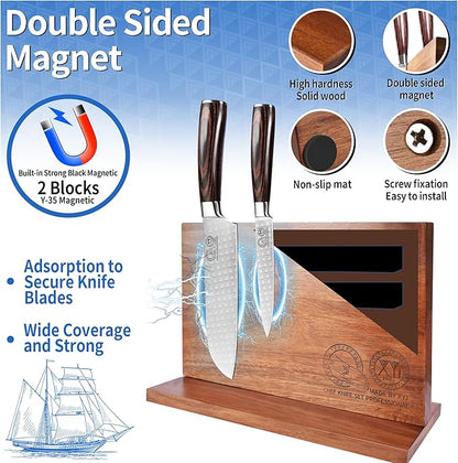 XYJ Magnetic Knife Block Holder Rack Acacia Wood Magnetic Stands with Strong Enhanced Magnets Multifunctional Knife Holder Kitchen Storage Organizer Tool Accessories