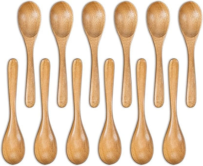 INTAJ 12 PCS Small Wooden Spoons, 5 Inch Honey Spoons for Tea, Hardwood Wooden Honey Teaspoon for Coffee, Little Tiny Wood Spoons, Bamboo Table Spoon for stirring, Wooden Spoons for Utensils Set