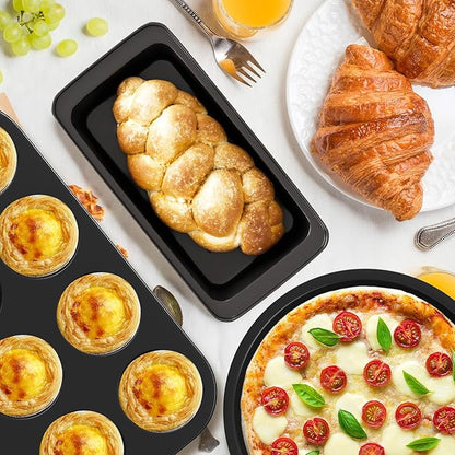 Baking Pans Set, 5-Piece Nonstick Bakeware Sets with Round/Square Cake Pan, Muffin Loaf Roast Pan, Baking Sheets for Oven, Kitchen Cookware Sets Baking Tray Baking Supplies, Black