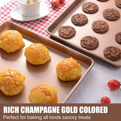 Heavy Duty Baking Sheets for Toaster Ovens - 12.5x10.5 Inch Nonstick Cookie Pan Set (0.8mm 2X Thicker Carbon Steel) Warp & Rust Proof, PFOA Free -Champagne Gold Trays