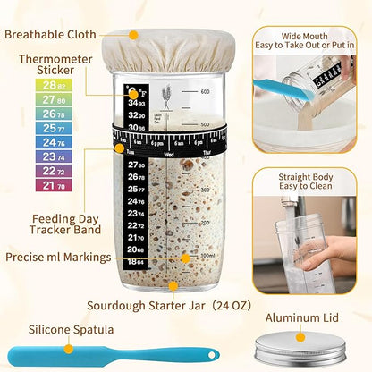 Banneton Proofing Basket Set,10 Inch Round & Oval Natural Rattan Sourdough Bread Proofing Basket Reusable Bread Baking Supplies with Sourdough Starter Jar, Perfect for Artisan Loaf Shaping