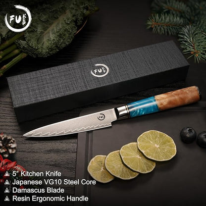 5 Inch Kitchen Utility Knife, Damascus Paring Knives,Japanese VG10 Steel Damascus Fruit Knife-Ergonomic Blue Resin Handle Ideal Birthday Gift for Men and Women