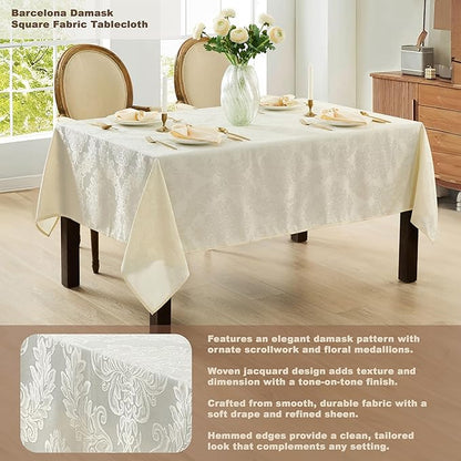 Newbridge Barcelona Luxury Damask Fabric Tablecloth, 52” Wide x 52” Square, Antique White, 100% Polyester, No Iron, Soil Resistant Dining Room, Party and Banquet Table Cover