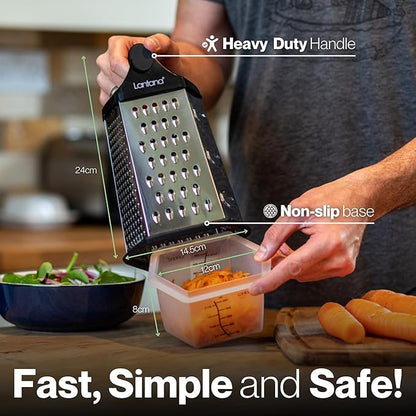 Lantana Cheese Grater for Kitchen with Container & Lid - Handheld Stainless Steel Box Food Shredder with Handle and 6 Essential Functions for Coarse, Medium, Fine, or Micro Grating/Shredding/Zesting
