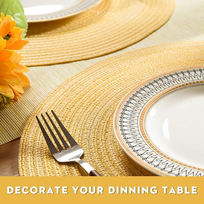 FunWheat Round Braided Placemats Set of 6 Place mats for Dining Tables Woven Heat Resistant Table Mats 15 inch (Yellow)