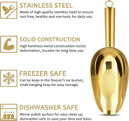 6 Ounce Ice Scoop Set of 2, E-far Gold Stainless Steel Small Scoops for Ice Cube/Candy/Flour/Sugar, Metal Utility Scoops for Canisters, Baking, Kitchen Pantry, Rust Free & Dishwasher Safe