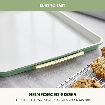 GreenPan Bakeware 13"x18" Half Baking Sheet Pan, Ceramic Nonstick Baking Pan, PFAS & BPA Free, Gold Handles, Durable Steel, Versatile & Space Saving Ovenware, Freezer to Oven Dish, Sage Green