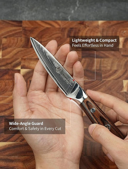 Damascus Paring Knife - Collectible 3.5 Inch Utility Knife with Pakkawood Handle, Japanese High Carbon Steel Blade, Small Fruit & Vegetable Knives for Kitchen, Outdoor, Camping, or Gift Use