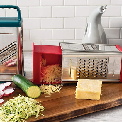 Rachael Ray Tools and Gadgets Stainless Steel Box Grater for Vegetables, Chocolate, Hard Cheeses, and more, Red(9.43 x 8.84 x 8.06 inches)