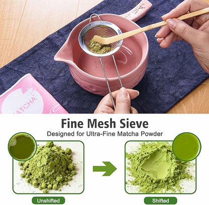 Matcha Whisk Bowl Set, 7PCS All-in-One Japanese Tea Set Includes Matcha Bowl with Spout, Bamboo Whisk (Chasen) with Stand, Scoop, Sifter, Complete Kit for Ceremony, Gift for Matcha Tea Lovers（Pink)
