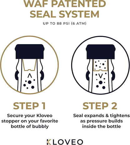 KLOVEO Champagne Stopper Black - Patented Seal - Made in Italy - WAF Plastic Bottle Stopper - Prosecco, Sparkling Wine, Cava