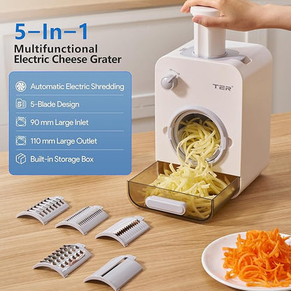 TER Electric Cheese Grater with 5 Blades – 5-in-1 Gourmet Vegetable Shredder for Carrot, Potato & More, 110mm Large Caliber, Built-in Blade Storage Box, Fast & Efficient Grating