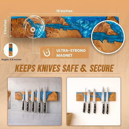 Magnetic Knife Holder for Wall 16 Inch |Premium Wood & Blue Resin| Epoxy Knife Magnetic Strip, Kitchen Knife Block Holder with Strong Magnet, Space-Saving, Handcrafted Style & Easy to Install