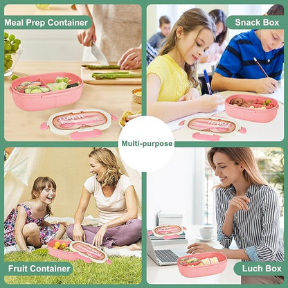 Bento Box Kids Lunch Box with Spoon & Fork - 28oz, 3 Compartment Sandwich Containers Travel Snack Boxes, Microwave/Dishwasher/Freezer Safe, BPA Free Meal Prep Food Storage Containers - Pink