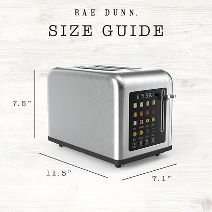 Rae Dunn 2 Slice Smart Toaster, Digital Display, Wide Slots, 8 Browning Levels, 6 Bread Types, 4 Functions (Defrost, Reheat, Cancel, Add Time), 825W Stainless Steel