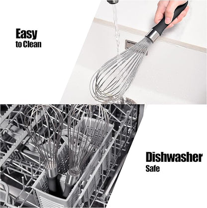 18/8 Stainless Steel Balloon Whisk, Doosu Kitchen Whisk for Cooking Handheld Egg Beater with Rust-Proof Sturdy Wires & Non-Slip Silicone Handle for Beating, Stirring, Blending (12 Wires, Black)