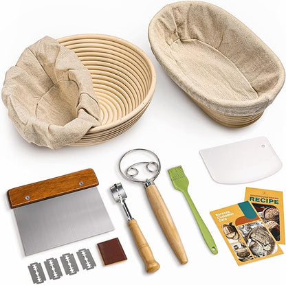 RORECAY Bread Banneton Proofing Basket Set, 9 Inch Round & 10 Inch Oval Cane Sourdough Baskets with Dough Whisk Lame Dough Scraper Bowl Scraper Silicone Brush Sourdough Bread Baking Supplies