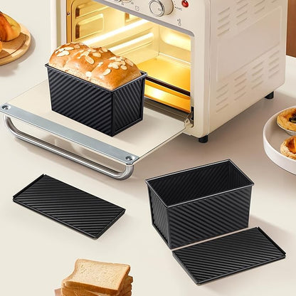 LIANYU 2 Pack Pullman Bread Loaf Pan with Lid, 1 Pound Dough Nonstick Loaf Baking Pans, Metal Bakeware for Sourdough Sandwich Homemade Bread, Carbon Steel Corrugated Toast Tin, Black