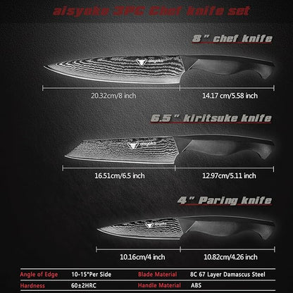 8C Damascus Knife Set - 3PC Chef's Knife, Kitchen and Paring Knives, High Carbon Stainless Steel, Ergonomic Full Tang ABS Anti-Skid Handle
