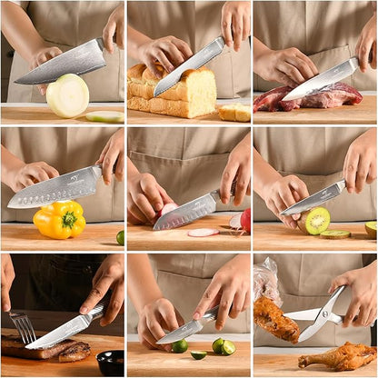 NANFANG BROTHERS® 16 Pieces Damascus Kitchen Knife Set, High Carbon Damascus Steel Chef Knife Set, Stainless Steel Ergonomic Handle for Chef, with Built-in Sharpening Rod