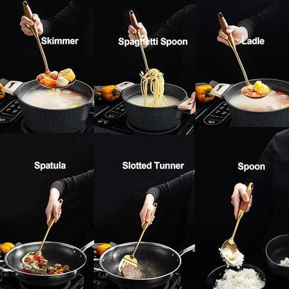 Gold Kitchen Utensils Set with Wooden Handle, 6 PCS Professional Cooking Utensils Set, Wok Spatula, Ladle, Skimmer, Slotted Spatula Turner, Spaghetti Spoon, Large Spoon