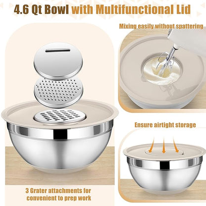 P&P CHEF Mixing Bowl with Lids Set of 3, Stainless Steel Nesting Salad Bowls for Serving Preparing, 3 Grater Attachments & Non-Slip Bottoms, Size 1.5/2.6/4.6 QT, Khaki