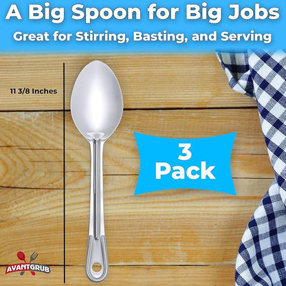Super Strong, Ergonomic 11 in Serving Spoon 3 Pk. Big, Stainless Steel Spoons for Cooking, Baking, Stirring and Basting. Best Kitchen Flatware for Buffet and Banquet Service in Restaurants and at Home