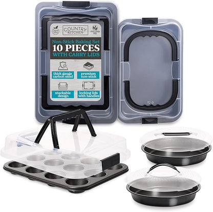 Country Kitchen Baking Pans Set - 10 Piece Non-Stick Cake Pans with Carry Lids for Easy Storage & Travel, Perfect for Parties - Stackable, Black