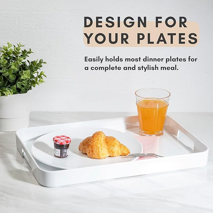 Bzyoo 11.5 x 16 Inch Large Rectangle Stackable Melamine Serving Tray with Handles – Minimalist Design, Multi-Purpose and Durable, BPA Free– Perfect for Kitchen, Dining, and Entertaining - White