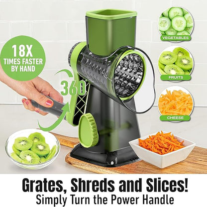 Cheese Grater Hand Crank Rotary Vegetables Shredder with Handle, 3-in-1 Graters with Interchangeable Blades and Strong Suction Base Multifunctional Slicer for Kitchen,green