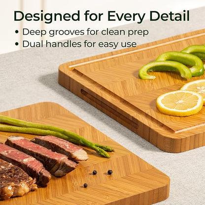Atelier Collection Bamboo Cutting Board Set of 3, Reversible Boards for Kitchen with Juice Grooves, Handcrafted Luxury Cutting Boards, Large Wood Chopping Board for Cooking and Serving