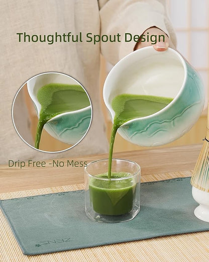 ZENS Matcha Whisk Set, 5pcs Matcha Kit Set Includes Ceramic Bowl, Bamboo Whisk and Chasen Holder, Scoop & Tea Mat for Matcha Ceremony, Blue