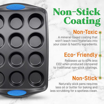 NutriChef 6-Piece Baking Pan Set - Carbon Steel Stackable Bakeware with Blue Silicone Handles & Nonstick Coating, Includes Cookie Sheets, Roaster Pan with Lid, Loaf Pan, and 12 Cup Muffin Pan (Gray)
