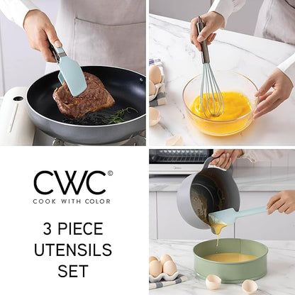 COOK WITH COLOR Stainless Steel Silicone Tipped Kitchen & BBQ Tongs Set, 3 Pc Utensils, Green