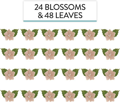 Global Sugar Art Blossoms and Leaves Edible Sugar Cake & Cupcake Flowers, Peach, Small Unwired, 24 Count with leaves by Chef Alan Tetreault