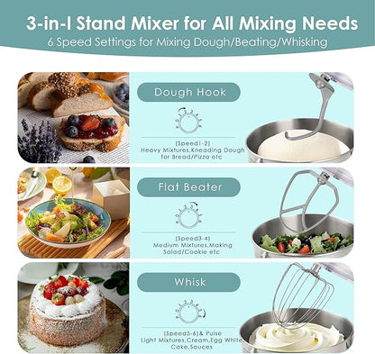 Kitchen in the box Stand Mixer - 6.5 Quart Mixing Bowl with Handle, 900 Watt Powerful Heavy Bread Dough Standing Mixers Tilt-head with Dough Hook, Whisk, Flat Beater and Splash Guard (Blue)