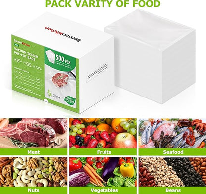 Bonsenkitchen Precut Vacuum Sealer Bags, 500 Pint 6" x 9" Food Sealer Bags,Commercial Grade, BPA Free, Heavy Duty, Customized Size Vacuum Bags for Vac Storage, Meal Prep or Sous Vide Cooking, VB11