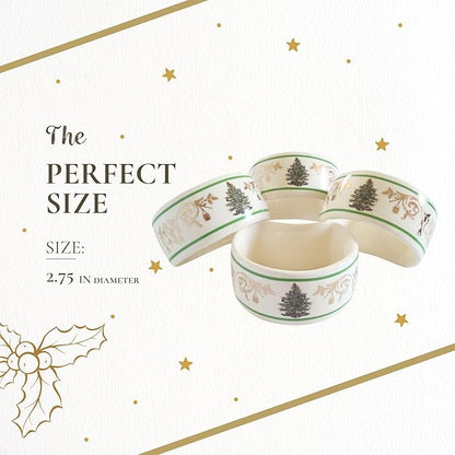 Spode Christmas Tree Gold 2.75" Napkin Ring (Set of 4) - Elegant 22K Gold Accented Holiday Napkin Rings, Fine Porcelain Christmas Table Setting Décor - Ideal for Holiday Dinnerware & Festive Gifting