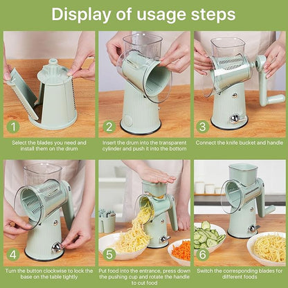 5 in 1 Rotary Cheese Grater Vegetable Slicer - Drum Mandoline Chopper for Kitchen, Easy to Clean with Storage Container
