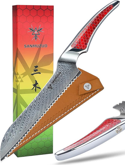 8 inch Serrated Bread Knife, Japanese VG-10 Damascus Steel Kitchen Knife, Ultra Sharp Bread Cutting Knife with Full-tang Handle in Red Resin, LA-S9 Series