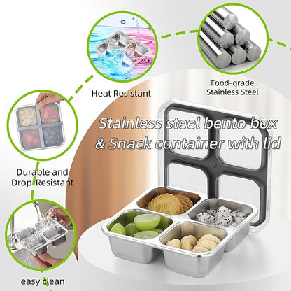 BEFOY 2 Pack Stainless Steel Snack Containers with Lids 4 Compartment Food Storage Containers for Adults & Kids Meal Prep Containers Reusable
