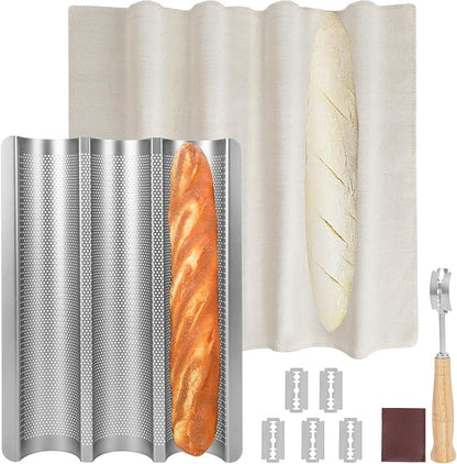 Baguette Pan, Baguette Bread Pan Perforated, Nonstick French Bread Baking Pan 3 Loaves with Proofing Cloth, Dough Cutter Kit for Home Baker, Baguette Tray 15x11 Inch Silver Bread Pan