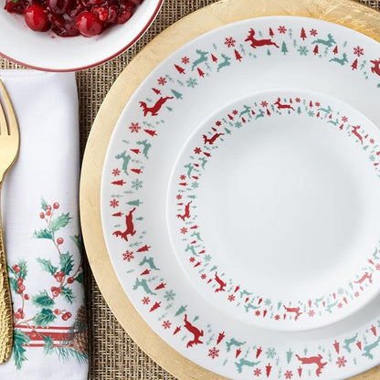 Corelle Vitrelle 18-Piece Christmas Service for 6 Dinnerware Set, Triple Layer Glass and Chip Resistant, Lightweight Round Holiday Plates and Bowls Set, Be Merry