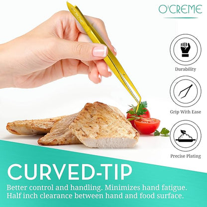 O'Creme Gold Stainless Steel Precision Kitchen Culinary Fine-Tip Tweezer Tongs, 1 Curved and 1 Straight