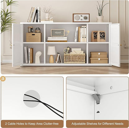 Metal TV Stand for 65 Inch TV, Farmhouse TV Entertainment Center with Storage Cabinets and Adjustable Shelves, Modern Media TV Console Table, TV Cabinet for Living Room, Bedroom, White