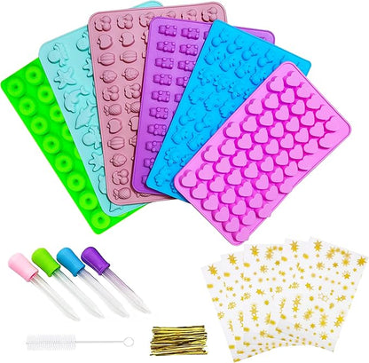 KRLIFCSL Gummy Molds 6 Pcs Set 299 Candies, 16 Shapes with 4 Droppers, 1 Clean Brush & 50 Package Bags, Including Dinosaur, Hearts, Sea Animals Nonstick Chocolate Molds (Mini Multicolor)