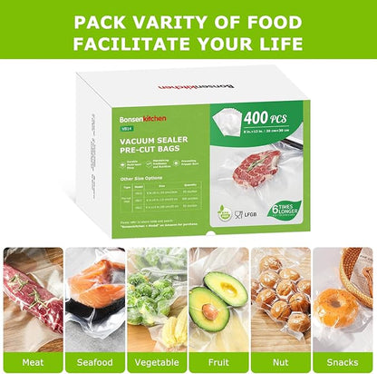 Bonsenkitchen Vacuum Sealer Bags,400 Quart 8" x 12" Precut Food Sealer Bags, Commercial Grade, BPA Free, Heavy Duty, Customized Size Vacuum Bags for Vac Storage, Meal Prep or Sous Vide Cooking, VB14