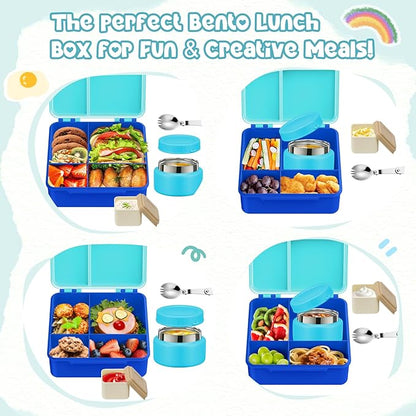 Kids Bento Lunch Box with 8oz Soup Thermo, Kids Leakproof Lunch Food Containers with 4 Compartment,Insulated Hot Food Jar with Lunch Bag for School, Travel (Blue-No lunch bag)