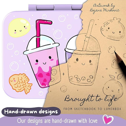 BEARFOOT Kids Lunch Box with Compartments – Compact & Lightweight | Leak-Proof, BPA-Free, Dishwasher & Microwave Safe | Hand-Drawn Design for Preschool, School, Travel (BubbleTea Purple, 4 Cups)